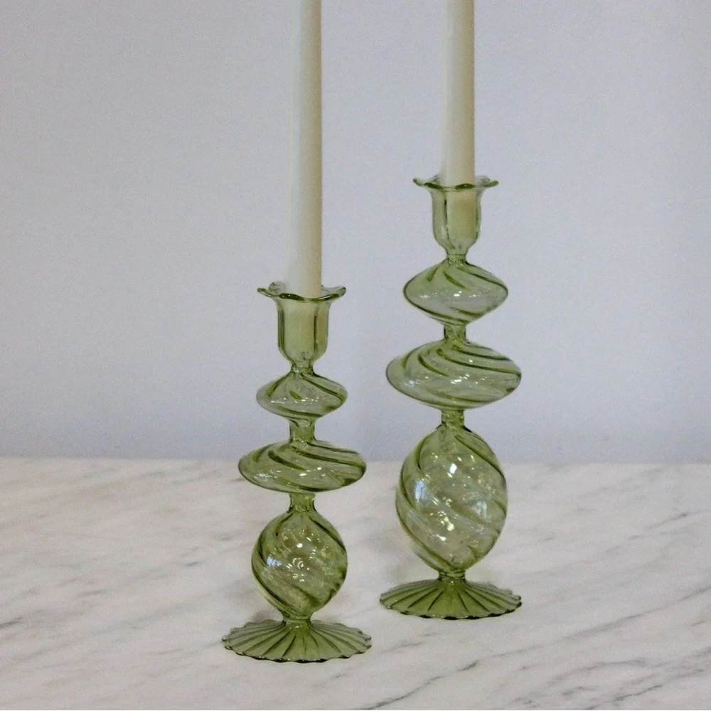 Green Swirl Glass Candlestick, Medium, Set of 2
